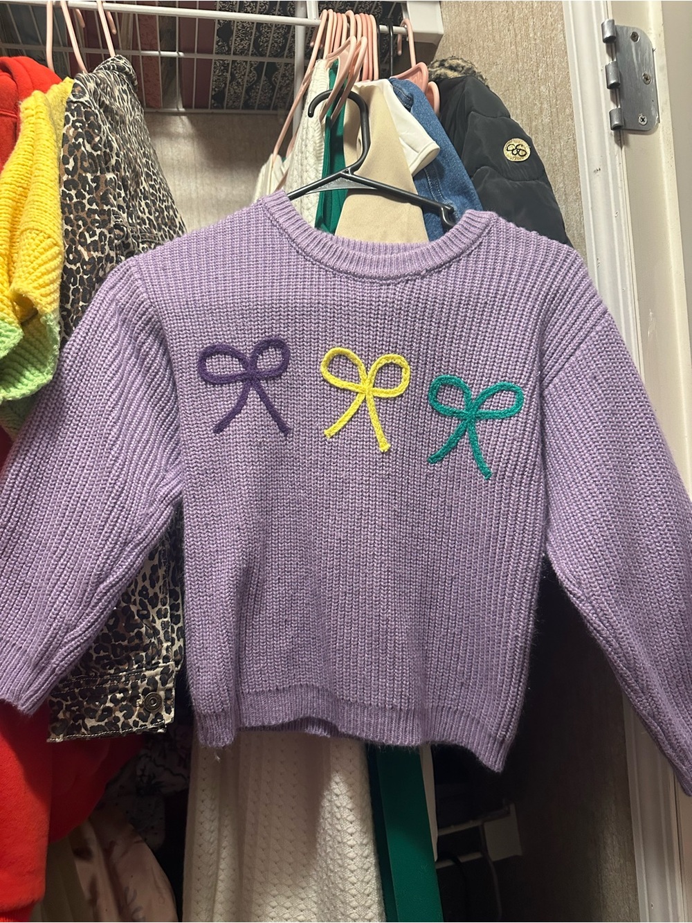 Lilac Bow Accent Knit Sweater - Women's Crewneck